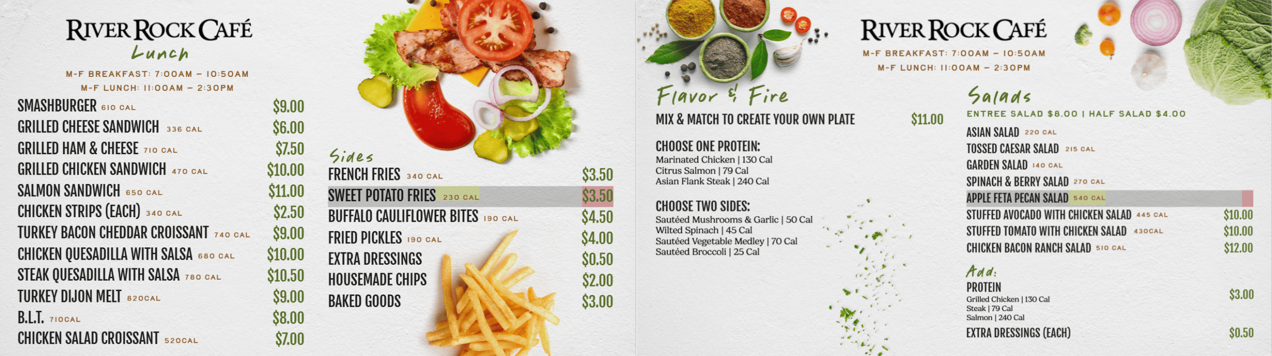 Banner collage of River Rock Café menu pages featuring food photos (fries, veggies) and sections for lunch items, sides, salads, and proteins; conveys a full restaurant menu layout with prices in green text.
