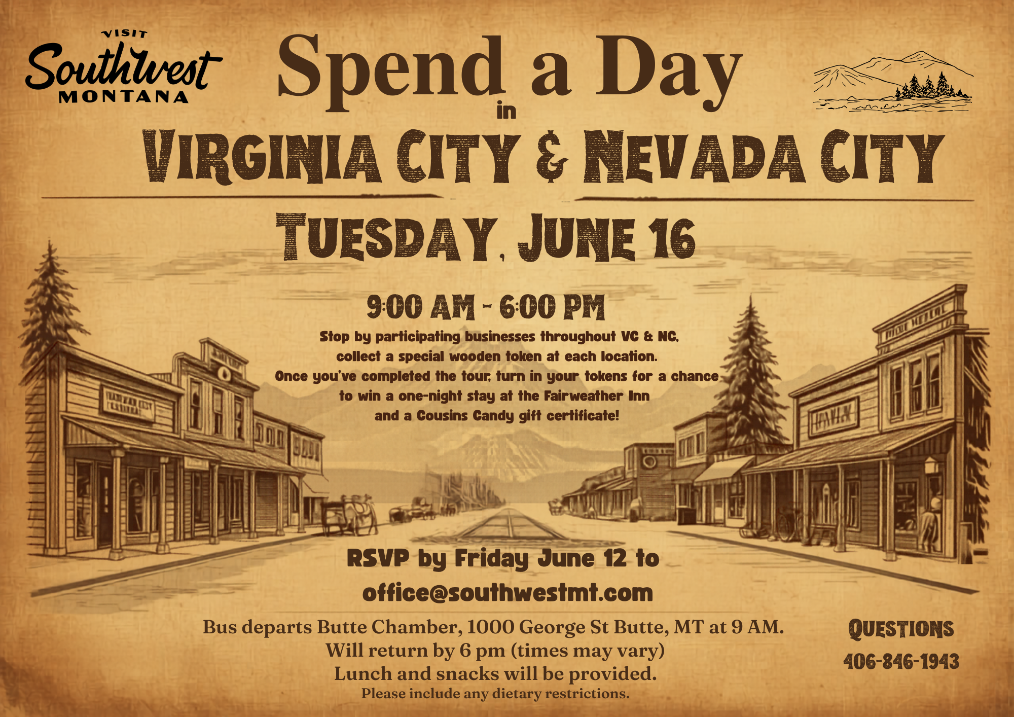 Vintage-style poster advertising a day trip to Virginia City & Nevada City with event details and times for an outdoor town tour in Southwest Montana cosplay.